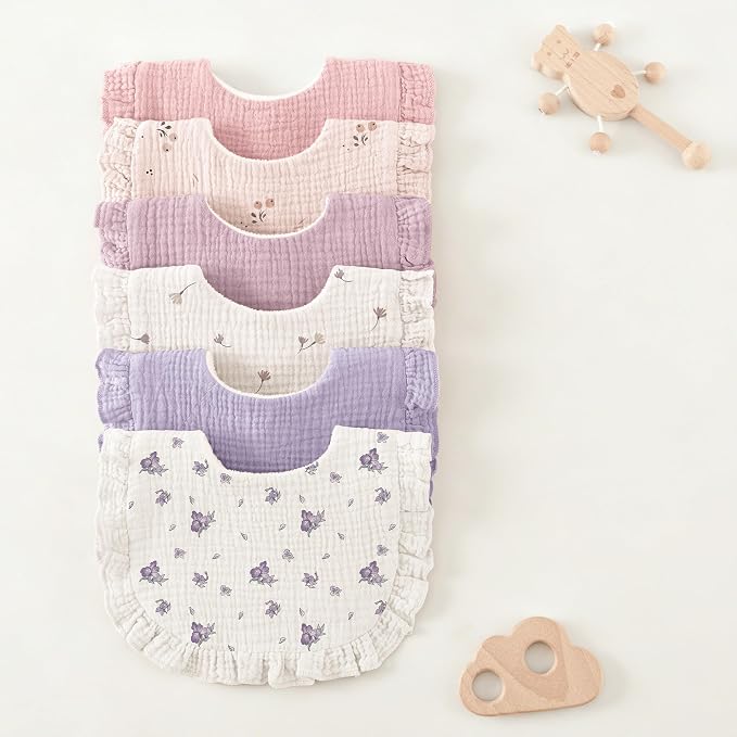 Bearmoss 6 Pack Baby Girl Bibs for Newborn, Muslin Bibs - Image 7
