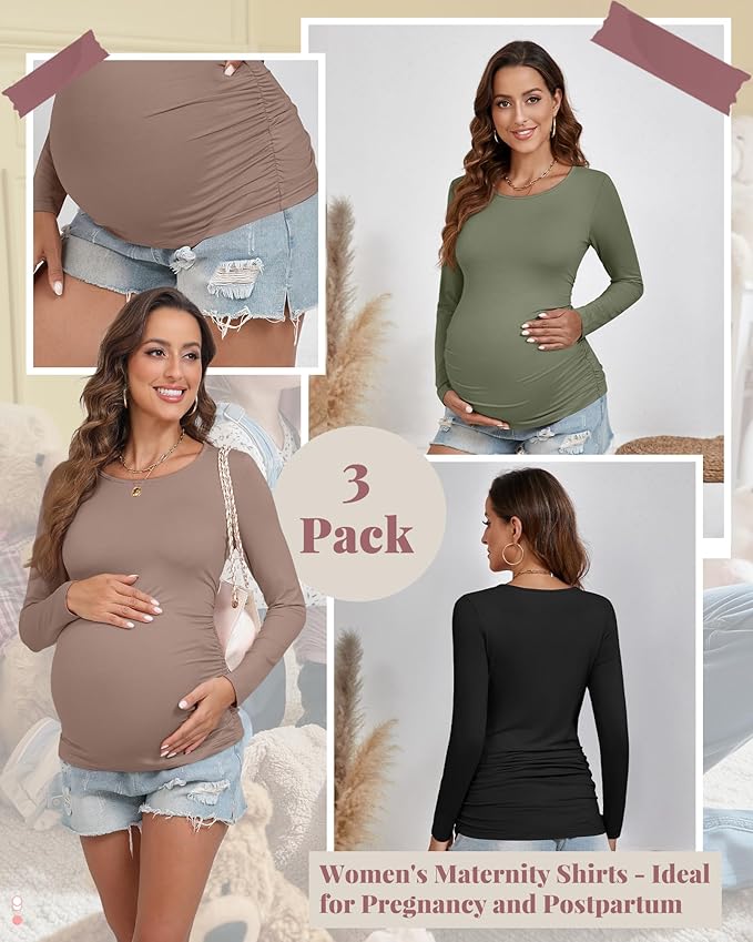 Ficerd 3 Pack Women's Maternity Shirts, Long Sleeve Side Ruched Pregnancy Tee Tops Crew Neck Casual Mama Clothes Basic Tunic