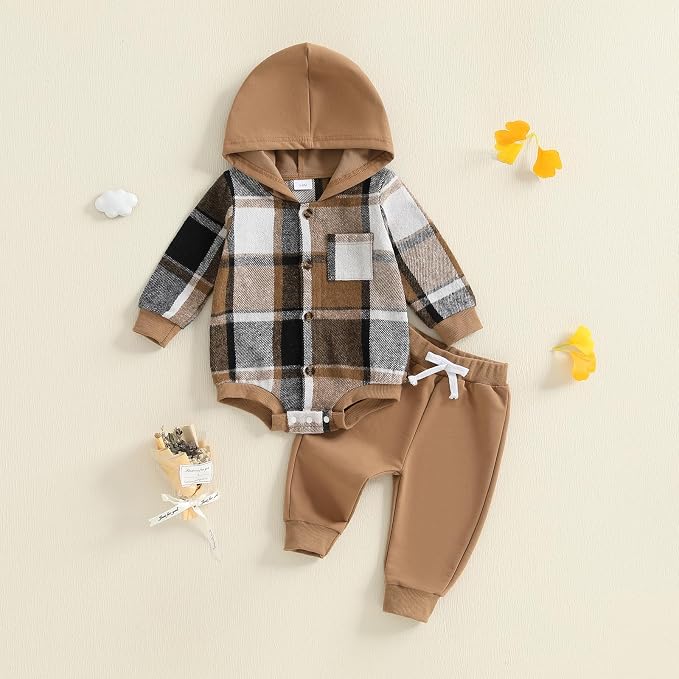 Douhoow Infant Baby Fall Clothes Boy Girl Plaid Hoodie Sweatshirt Romper - Image 2