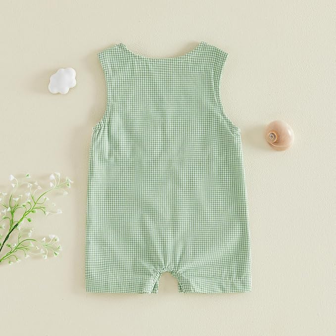 Newborn Baby Boys Sleeveless Seersucker Romper One Piece Straps Overalls - Image 3