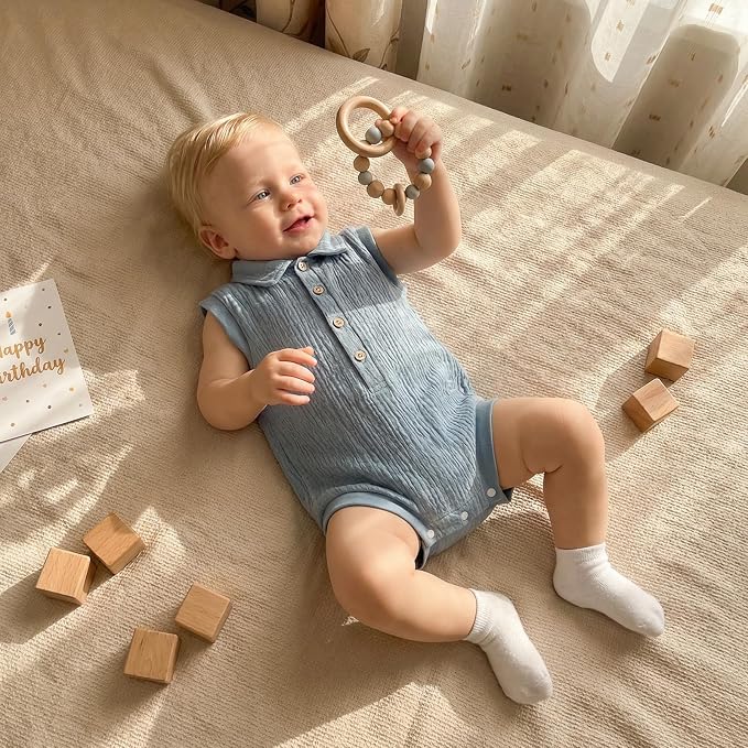 Honganda Newborn Baby Boy Cotton Linen Romper Short Sleeve Lapel Collar Button - Image 2