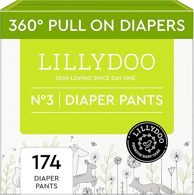 LILLYDOO Diaper Pants Toddlers - Size 3 (13-22 lbs), Monthly Supply (174 Count), Skin-Friendly, Ultrasoft, Chlorine-Free, Snug Fit & Absorbent Pull On Diapers