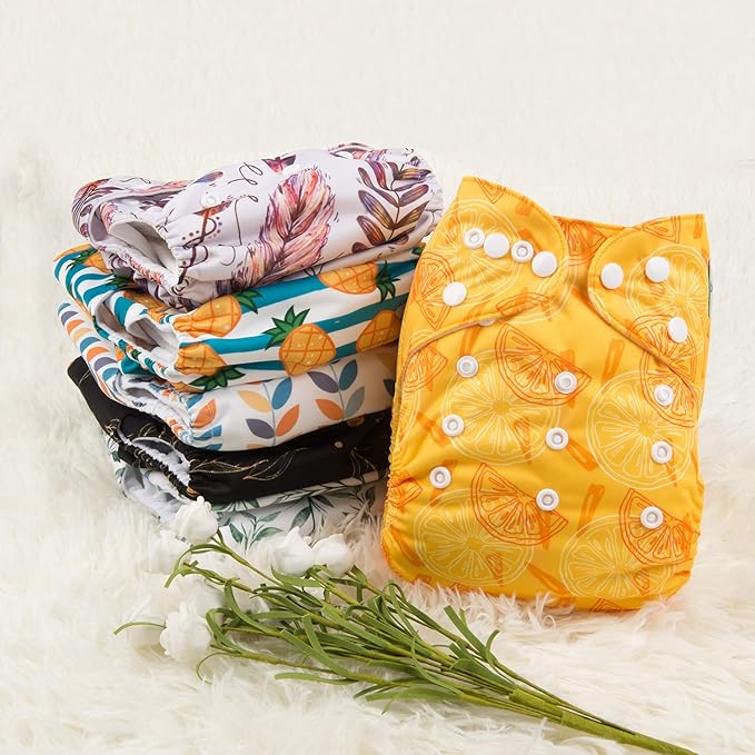 Babygoal Reusable Neutral Cloth Diapers 6 Pack with 10pcs Inserts, One Size Adjustable Washable Pocket Nappy Covers for Baby Boys and Girls 6FN06