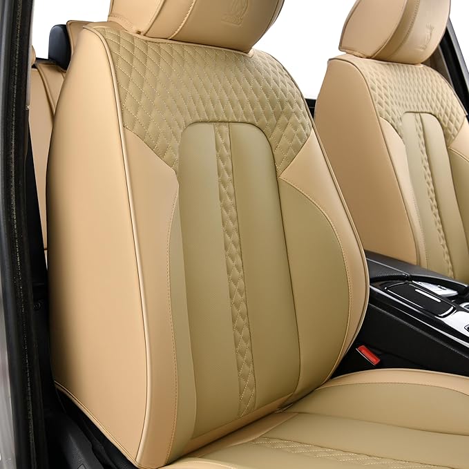 Doogo Front Seat Covers, Leather Car Seat Covers 2-Pack, Waterproof Universal Car Seat Cushions Protectors, Auto Driver Seat Covers Fit for Most Cars Trucks SUV-Beige