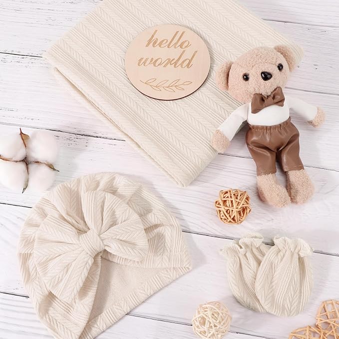 AQOKKA Newborn Receiving Blanket Wheat Ear Bow Hat Mitten Set | 4 Set Receiving - Image 2