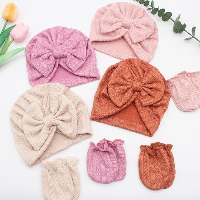 4 Pcs Newborn Hats Mittens Set Infant Cap Bow Hospital Beanie Preemie Hat - Image 4