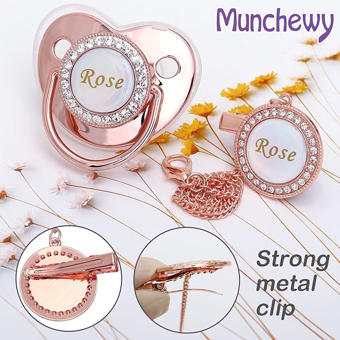 Personalized Pacifier with Name, Bling Gold Pacifier Clip Set with Gift Box Greeting Card, Glitter Crystal Luxurious Dummy Ideal Gift for Girl Baby Shower Newborn Photography(Pink)