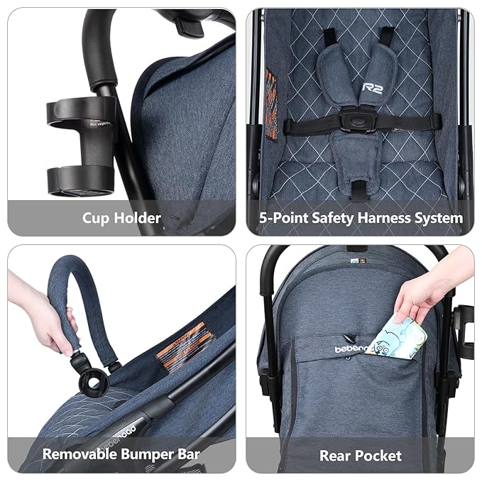 Beberoad Love R2 Small Travel Stroller - Foldable, Lightweight, Baby Stroller for Airplane - Infant to Toddler - Adjustable Backrest, Cup Holder, Waterproof Canopy, Denim Blue