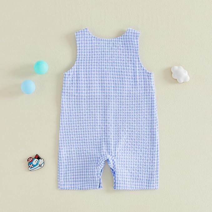 Newborn Baby Boys Sleeveless Seersucker Romper One Piece Straps Overalls - Image 3