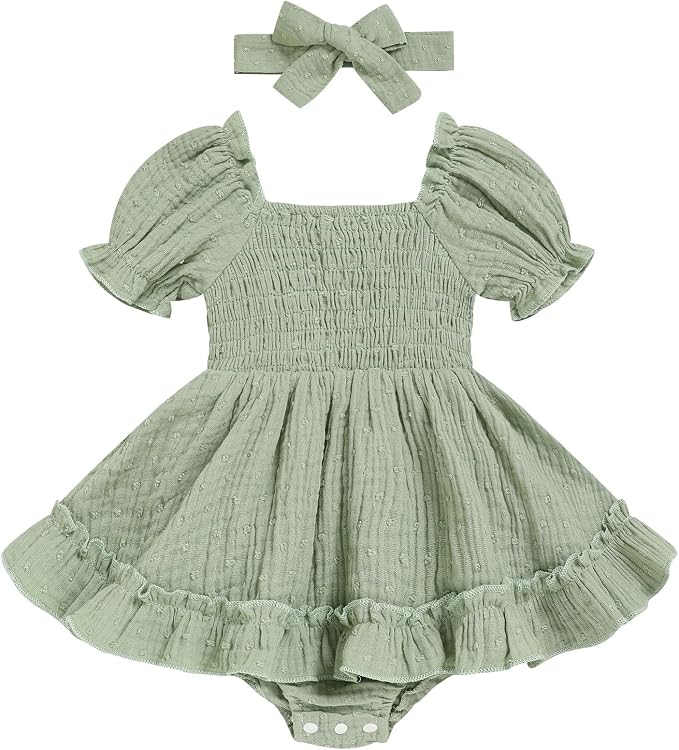 GRNSHTS Baby Girl Romper Dress, Puff Sleeve Smocked Outfit by GRNSHTS