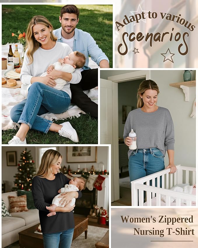 3 Pack Women's Nursing Breastfeeding Tops, Long Sleeve Maternity Shirts Oversize Hidden Zipper Pregnancy Clothes
