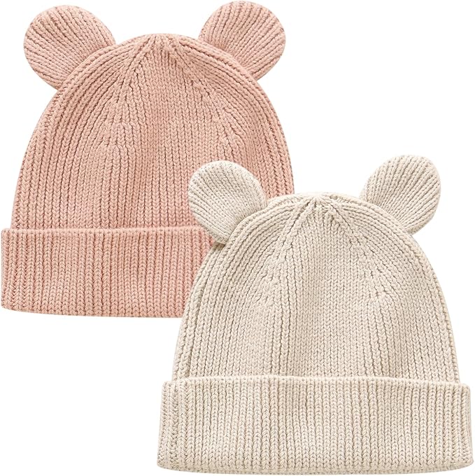 Hadetoto Cotton Baby Beanie Winter Knitted Hat, 2 Pack | Bear Ear Design by Hadetoto