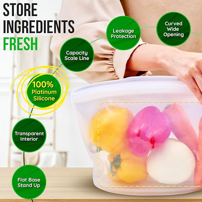 Premium Platinum Silicone Reusable Food Storage Bags 3-Pack (17 fl oz + 29 fl oz + 51 fl oz), Airtight Zip Lock Bags for Food, BPA-Free Silicone Freezer Bags, Rose