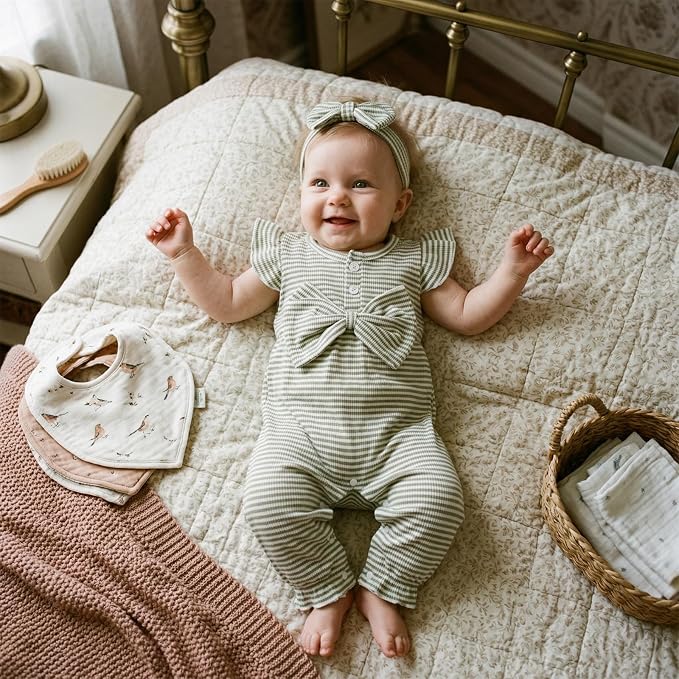 YINGISFITM Newborn Baby Girl Summer Clothes Short Sleeve Bubble Romper Bow - Image 2