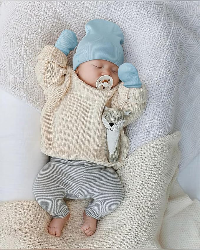 BQUBO Baby Hats and Mittens Infant Cotton Beanie Gloves No Scratch Set Newborn - Image 3