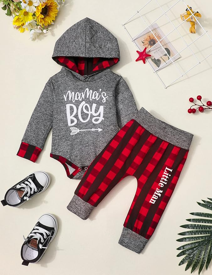 Fommy Newborn Baby Boy Clothes Plaid Letter Print Long Sleeve Hoodies + Long - Image 6