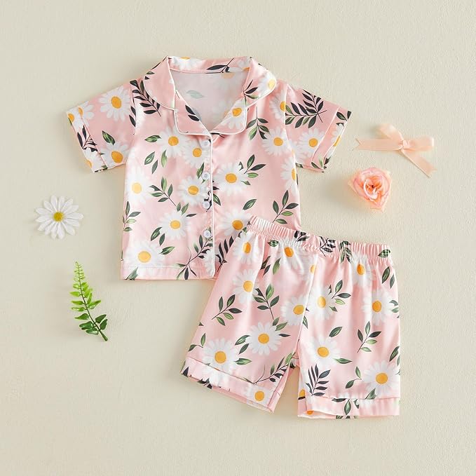 Kuriozud Toddler Baby Girl Pajamas Set Summer Floral Short Sleeve Button Down - Image 5