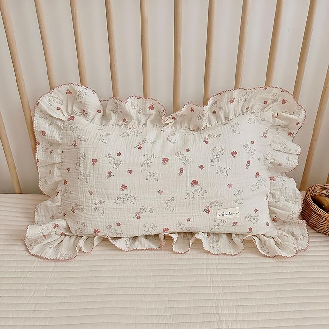 AOJIM Muslin Cotton Kids Toddler Pillowcase with Floral and Rabbit Pattern, Super Soft Comfy Ruffle Edge Nursery Pillowcase for Boys and Girls, Machine Washable Baby Bedding Pillowcase 1pc, 20"x14"