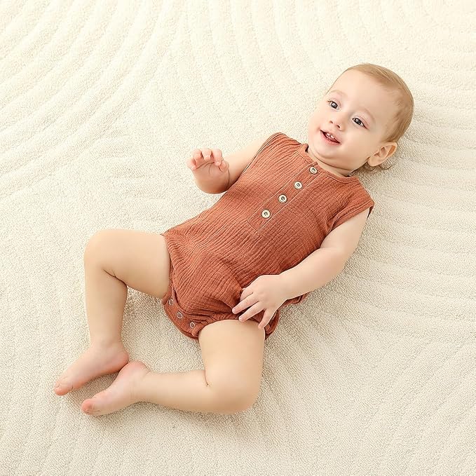 Baby Boy Romper 3 Pack Sleeveless Cotton Linen Tank Top Bodysuit | Breathable - Image 6