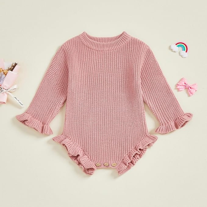 Mubineo Baby Girl Fall Winter Clothes Basic Plain Cute Sweater Romper Outfit - Image 3