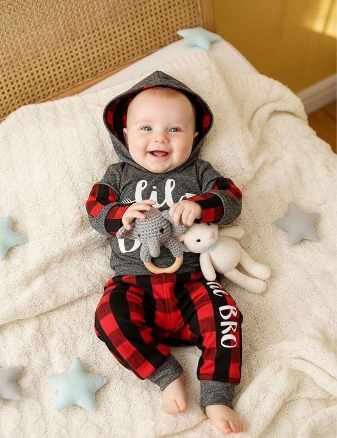 Fommy Newborn Baby Boy Clothes Plaid Letter Print Long Sleeve Hoodies + Long - Image 2