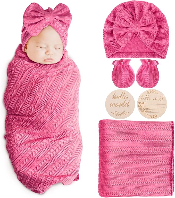 AQOKKA Newborn Receiving Blanket Wheat Ear Bow Hat Mitten Set | 4 Set Receiving by AQOKKA