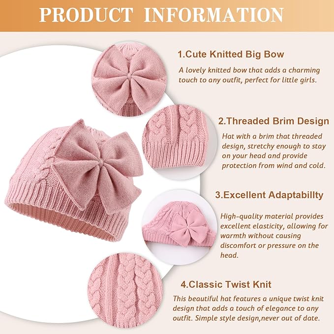 JANGANNSA Winter Warm Knitted Baby Hat for Girls Cotton Lined Infant Toddler Hat Autumn Cute Bow Classic Girls Beanie 0-6Y