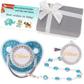 Personalized Pacifier with Name, Customized Pacifier Clip Set with Gift Box, Bling Crystal Soother, Ideal Gift for Boys Baby Shower Birthday Christmas Newborn Photography(Bling Blue)