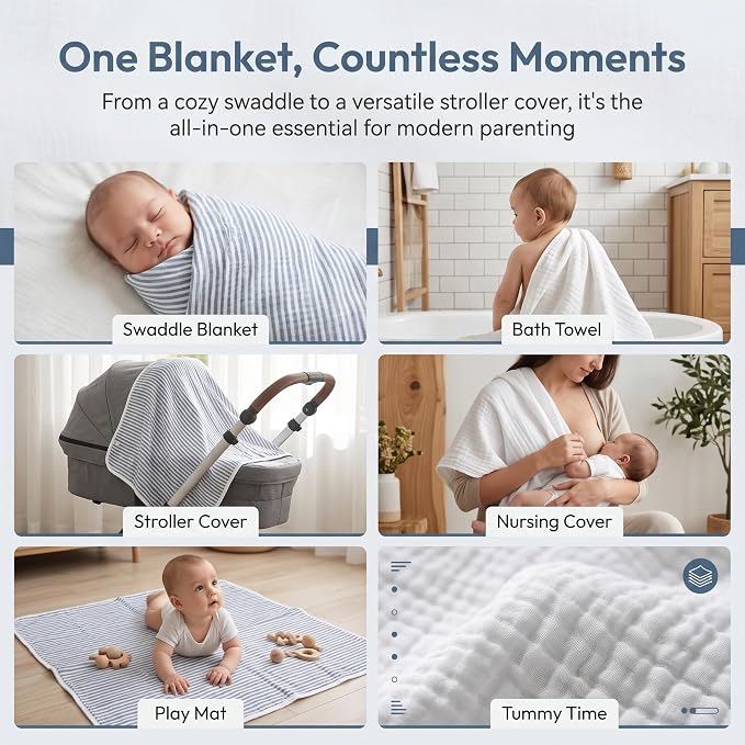 Blue Striped Muslin Baby Blanket, Ultra Soft Cotton Swaddle 43x43 in | Jacquard - Image 3