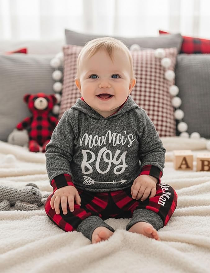 Fommy Newborn Baby Boy Clothes Plaid Letter Print Long Sleeve Hoodies + Long - Image 2