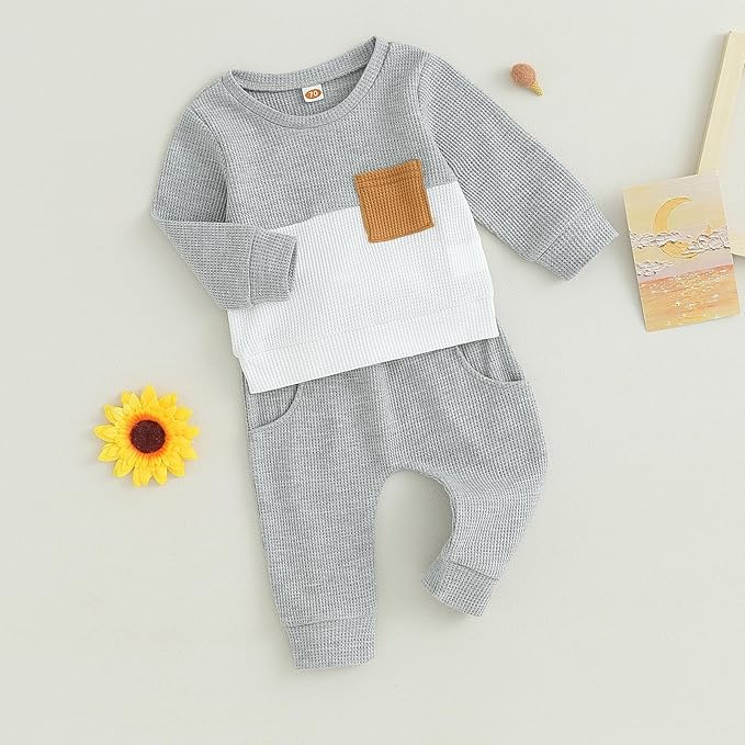 Toddler Baby Boy Fall Clothes Waffle Outfit Long Sleeve Color Blocking Sweatshirt Pullover Jogger Pant Set