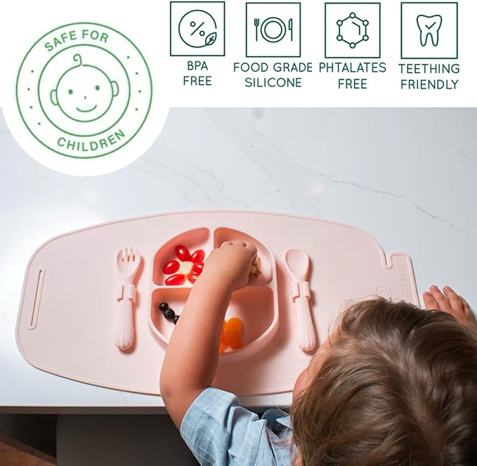 Modern Mini - Silicone Suction Plate for Baby and Toddler, Divided Plate with Fork & Spoon - Unbreakable, Non-Toxic, Food Grade Silicone, Strong Suction Grip, Spill Proof & Foldable for Travel!