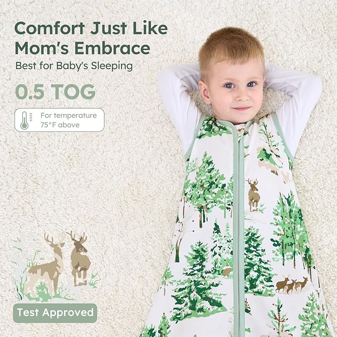 Baby Sleep Sack 6-12 Months 100% Cotton Lightweight 0.5 TOG Wearable Blanket Baby Sleep Bag with 2-Way Zipper for Newborn Infant Green Pine Tree