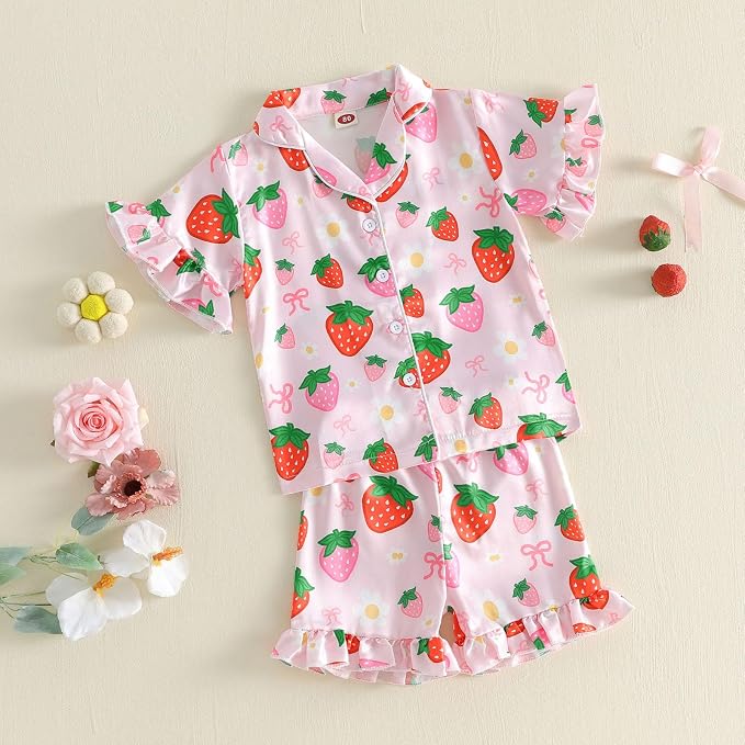 Kuriozud Toddler Baby Girl Pajamas Set Summer Floral Short Sleeve Button Down - Image 5