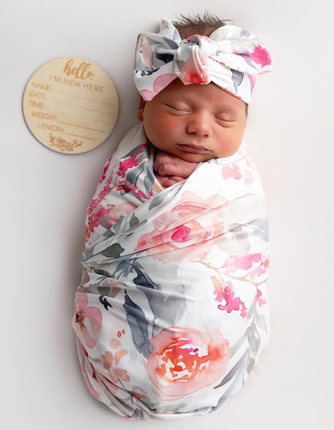 Newborn Baby Swaddle Set Headband Beanie and Name Card by Vollmic