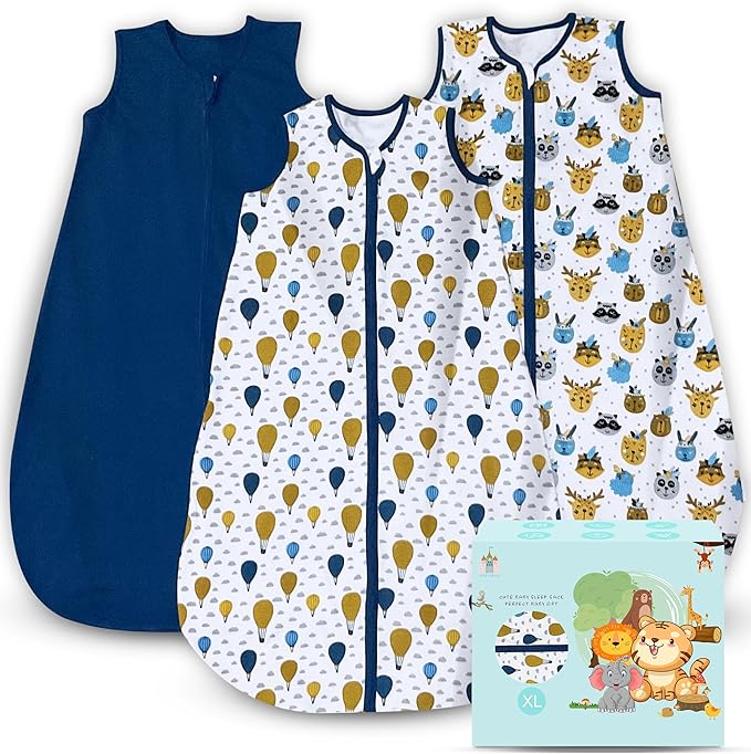 Cute Castle Baby Sleep Sack 18-24 Months - Lightweight 100% Cotton 2-Way Zipper TOG 0.5 Infant Wearable Blanket, Newborn Essentials Toddler Sleep Clothes, 3 Pack(Blue, Balloons, Animals)