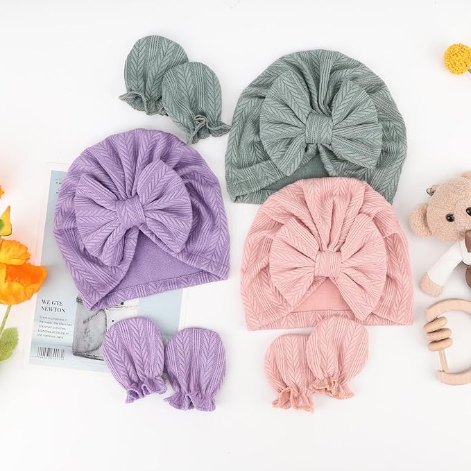 BQUBO Newborn Girls Hats Baby Hat and Mittens Set Infant Caps Bow Hospital - Image 7