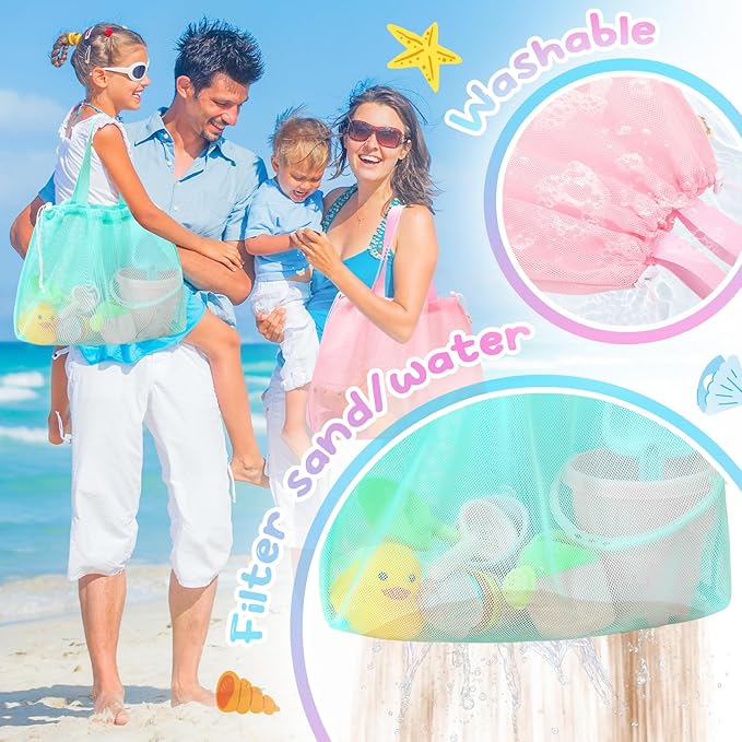 Tagitary Beach Toys Kids Beach Bag Tote with Drawstring, Pink Blue Mesh Bag Travel Beach Essentials for Kids Swim Pool Gym Bag Camping Accessories Toys Storage Lightweight Foldable Birthday Gifts