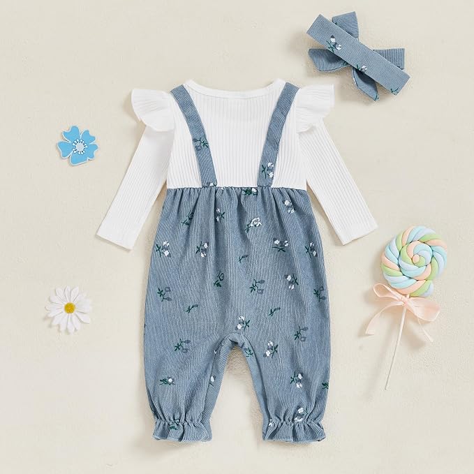 Newborn Baby Girl Clothes Ruffle Sleeve Jumpsuit Corduroy Floral - Image 7