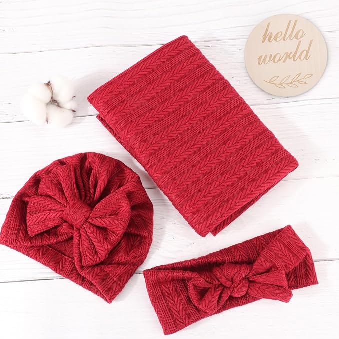 AQOKKA Newborn Receiving Blanket Wheat Ear Bow Hat Hairband Set - Image 6