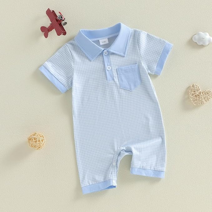 FOCUSNORM Newborn Baby Boy Summer Clothes Short Sleeve Lapel Jumpsuit Collar - Image 6