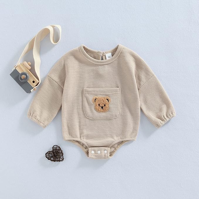 Douhoow Cute Baby Sweatshirt Romper Waffle Knit Baby Clothes Infant Girl Boy Fall Winter Outfits