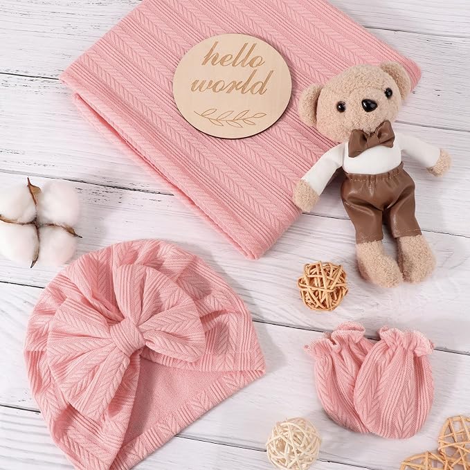 AQOKKA Newborn Receiving Blanket Wheat Ear Bow Hat Hairband Set - Image 2
