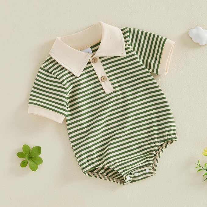 VISGOGO Baby Boy Striped Romper Waffle Short Sleeve Button Oversized Bodysuit - Image 5