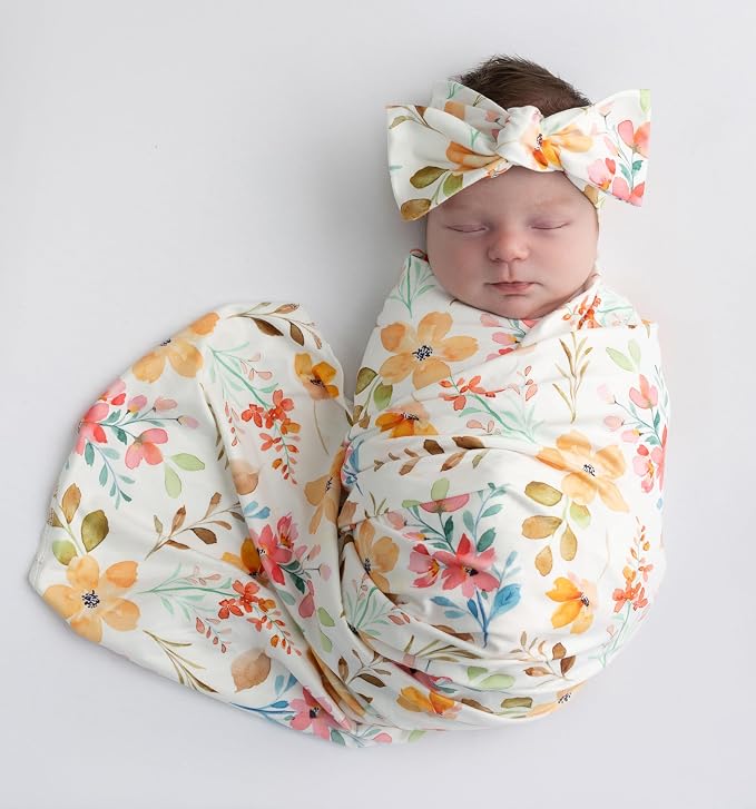 Newborn Baby Swaddle Set Headband Beanie and Name Card by Vollmic