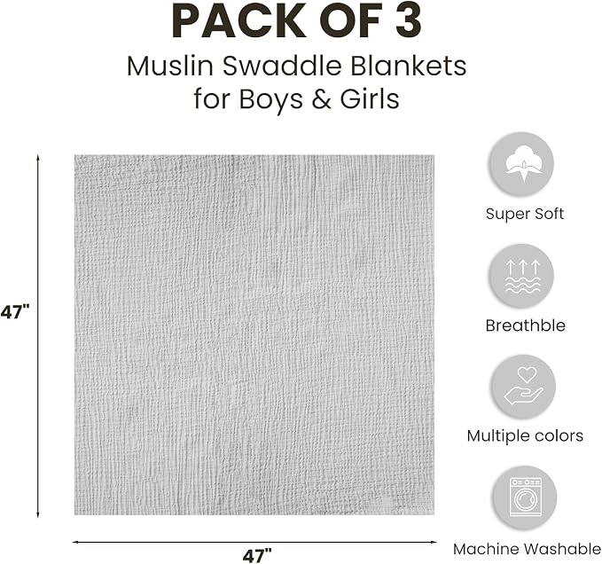 Konssy 3-Pack Muslin Baby Swaddle Blankets, 47 x 47 in Receiving Blankets | - Image 5
