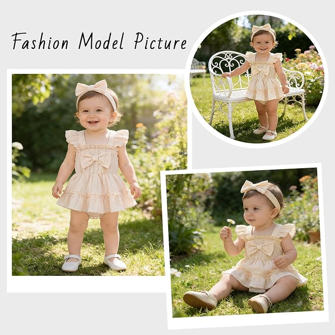 Baby Girl Smocked Romper Dress Ruffle Bow Summer Outfit - Image 2