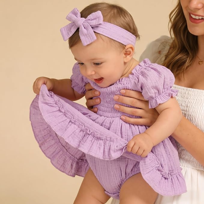 GRNSHTS Baby Girl Romper Dress, Puff Sleeve Smocked Outfit - Image 3