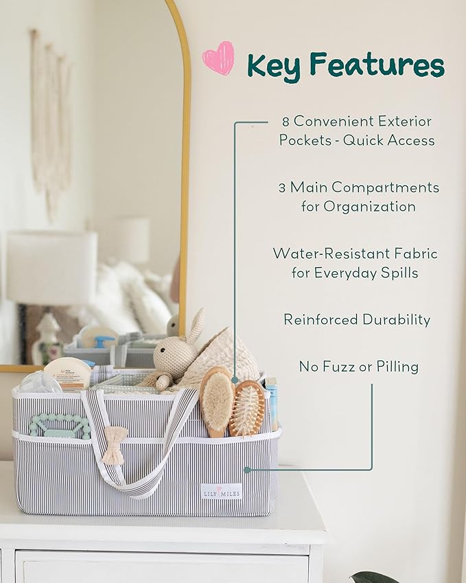 Lily Miles Baby Diaper Caddy - Large Organizer Tote Bag for Newborn essentials Boy or Girl - Baby Shower Basket - Nursery Must Haves - Registry Favorites - Newborn Caddie Car Travel