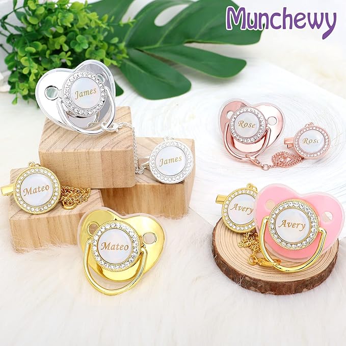 Personalized Pacifier with Name, Bling Gold Pacifier Clip Set with Gift Box Greeting Card, Glitter Crystal Luxurious Dummy Ideal Gift for Girl Baby Shower Newborn Photography(Pink)